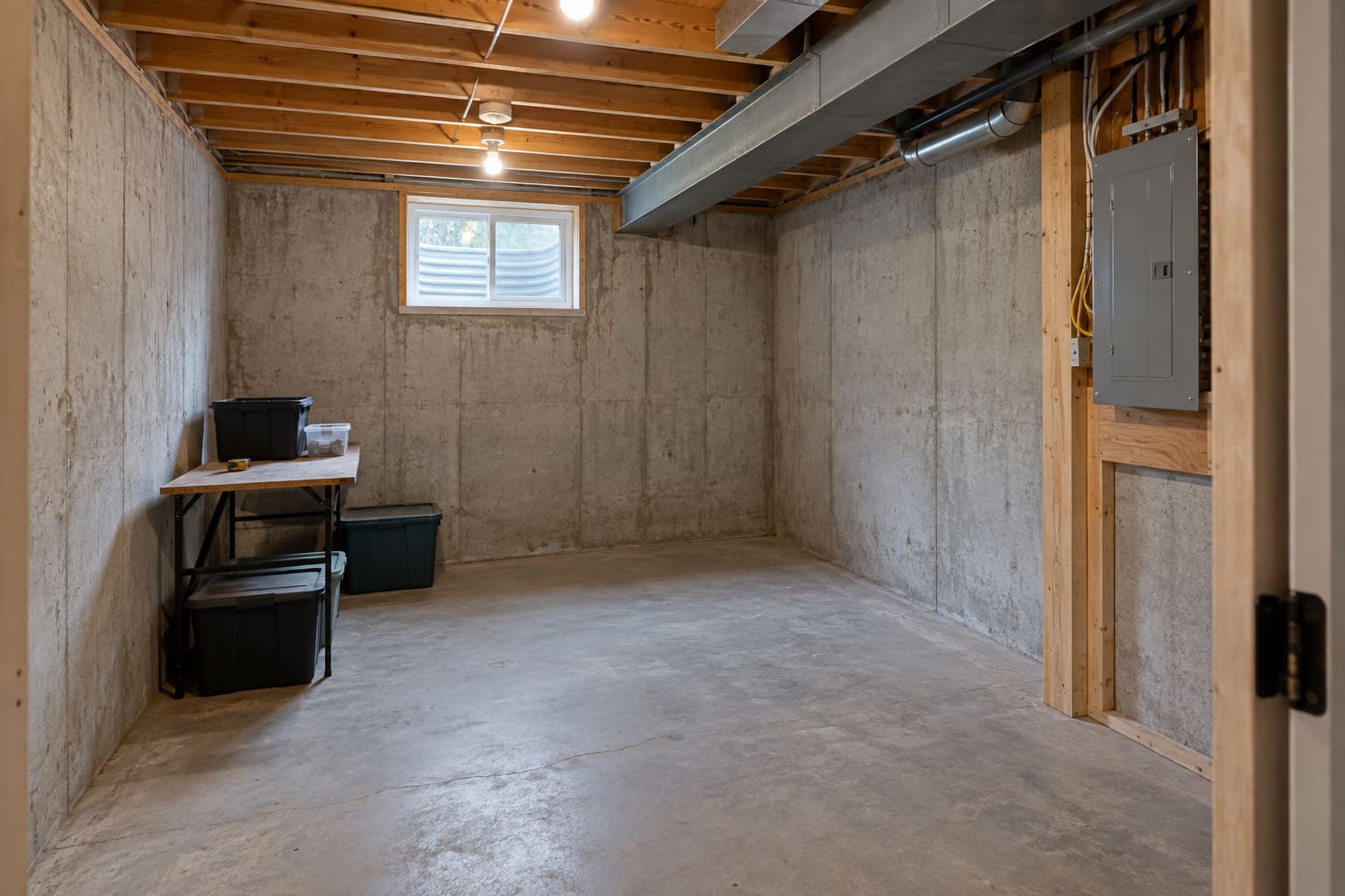 Small unfinished basement room with a window, exposed duct and electrical panel before conversion to an office