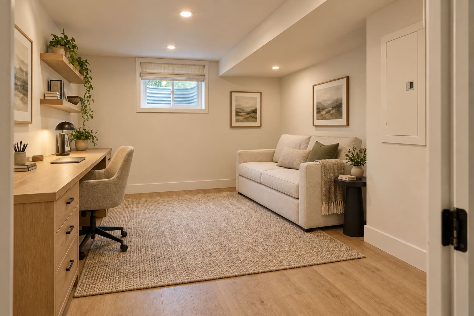 Finished basement home office and guest room with a built-in desk, sleeper sofa and accessible electrical panel
