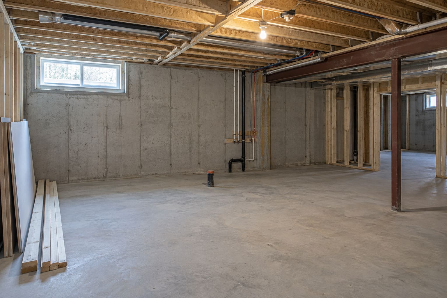 Unfinished basement with plumbing rough-ins, a steel beam and support posts before a wet bar renovation