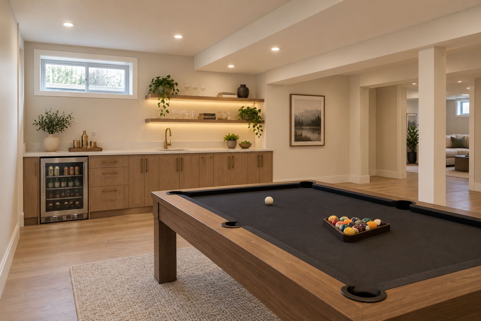 Finished basement wet bar with oak cabinetry, open shelving and a pool table in the games area