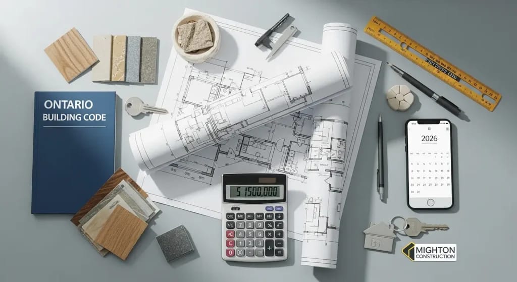 Architectural blueprints and cost planning materials for Ontario custom home construction 2026