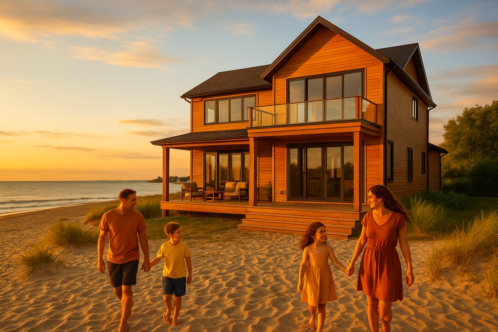 Family walking by a modern beach house at sunset in Wasaga Beach.