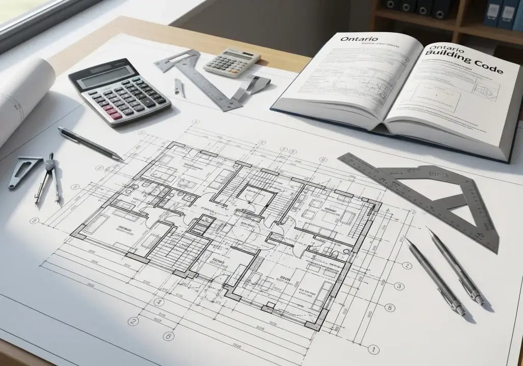 Detailed architectural floor plan drawing on drafting table with Ontario Building Code book, calculator, and architect's tools, professional office setting, technical drawing style, clean and organized workspace.