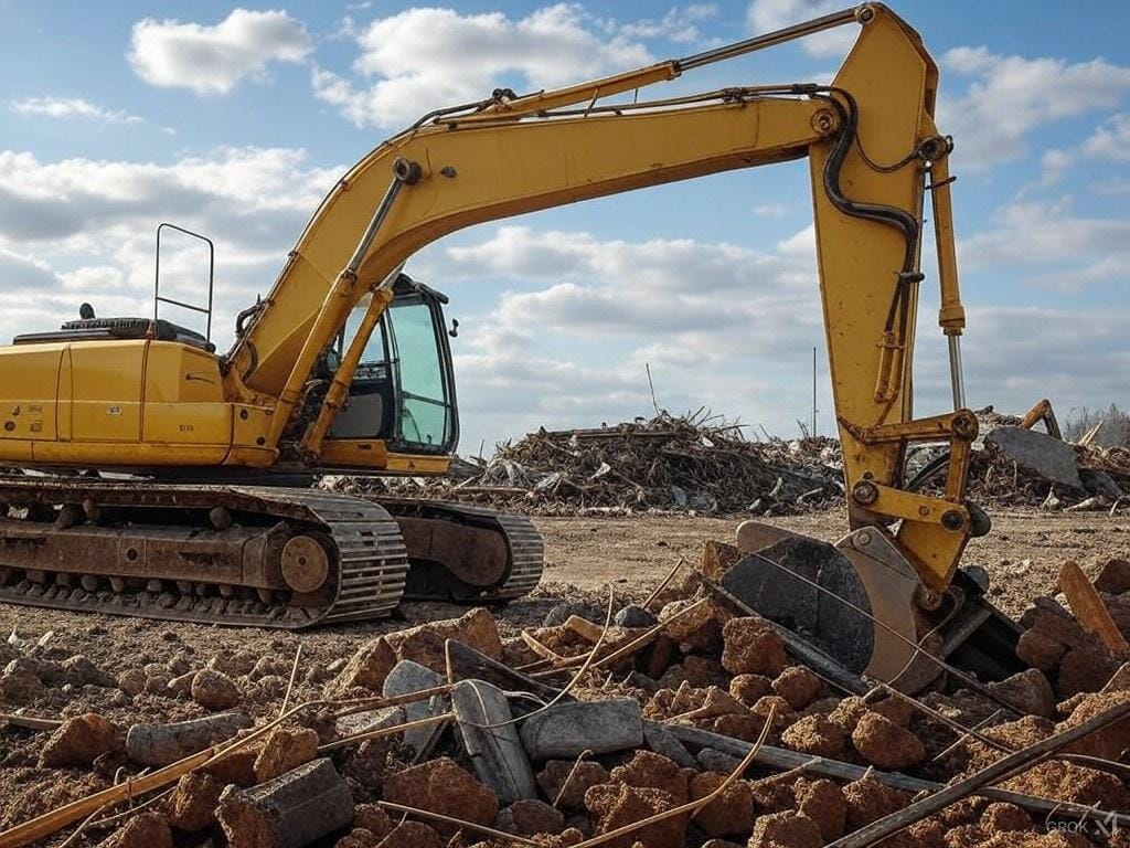 Excavator demolishing house during tear down process