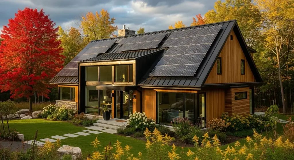 Ontario home with solar panels on south-facing roof, modern design, surrounded by seasonal Canadian landscape