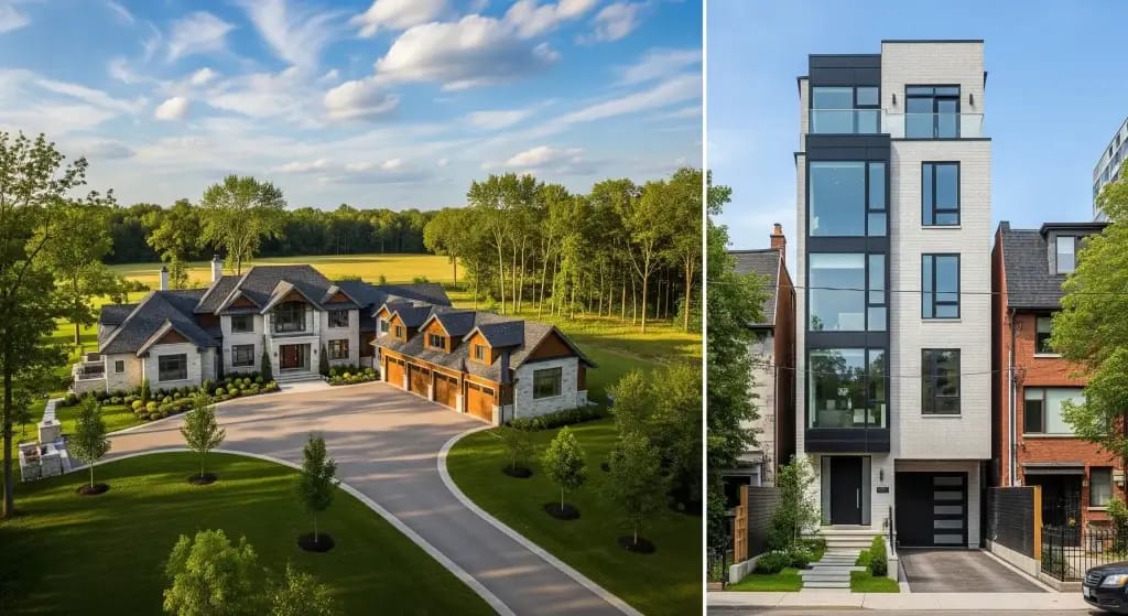 Split image showing rural Ontario custom home with large footprint and extensive property versus urban Toronto narrow lot home