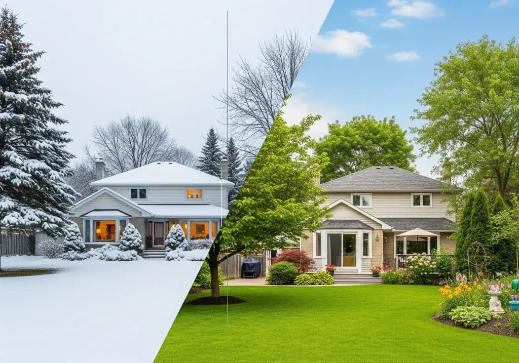 Split-screen showing Ontario home in winter and summer - left side shows snowy landscape with warm interior lighting, right side shows same home with patio doors open to green summer landscape, professional real estate photography style