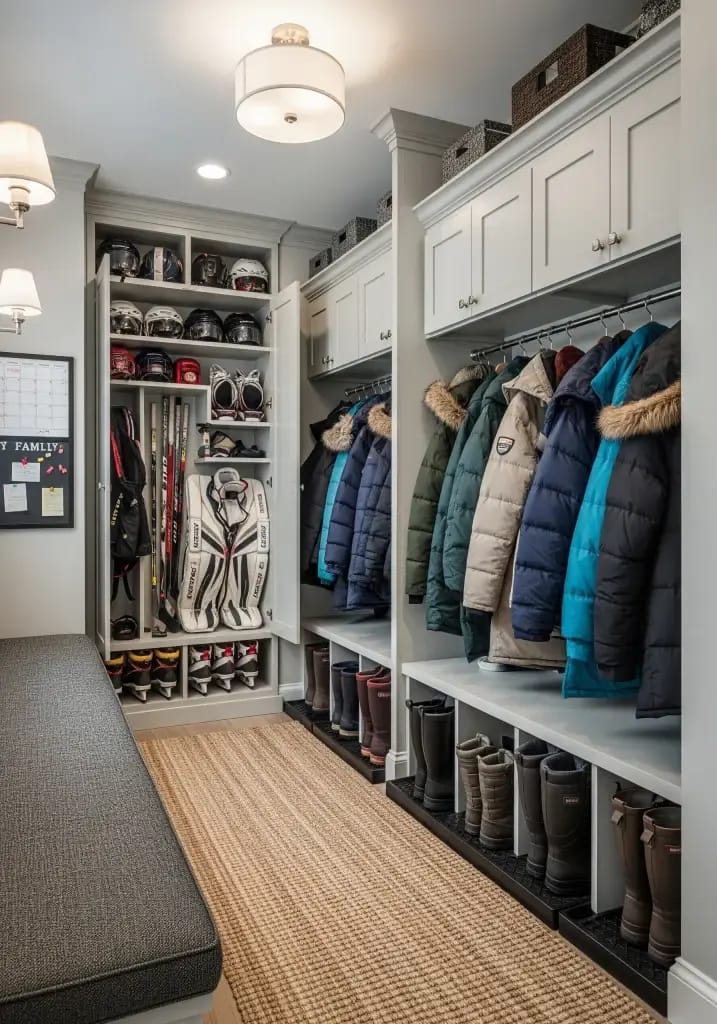 well organized mudroom with seasonal storage and built-in cabinetry