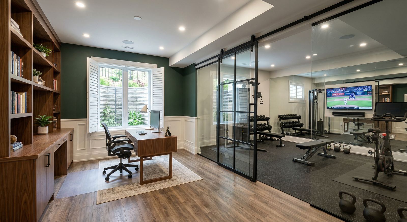 Finished basement home office and gym space by Mighton Construction in Collingwood