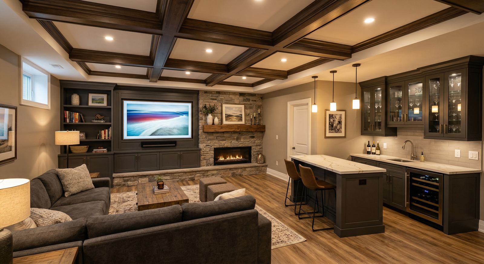 Entertainment Basement — Basement Renovation in Wasaga Beach by Mighton Construction