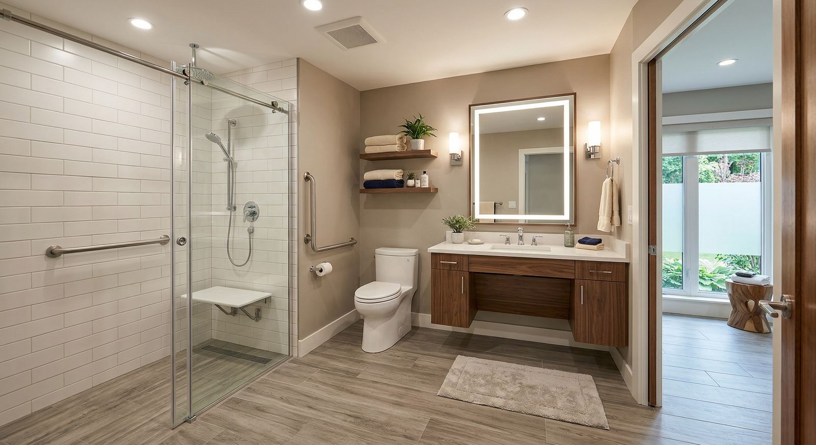 Accessible barrier-free bathroom with curbless shower and grab bars