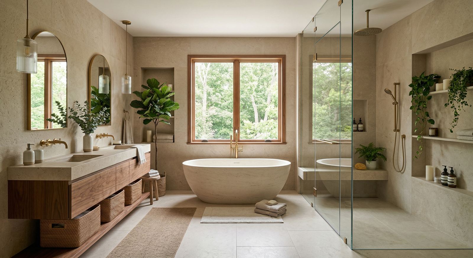 Spa-calibre primary ensuite with walk-in tile shower and double vanity