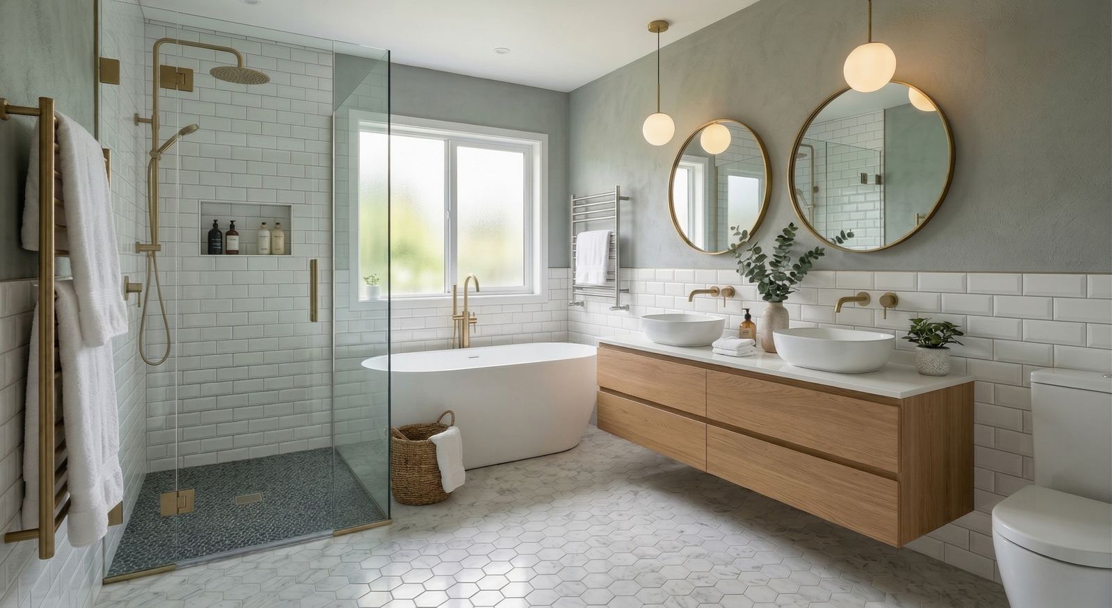 Ensuite renovation with walk-in shower and double vanity by Mighton Construction
