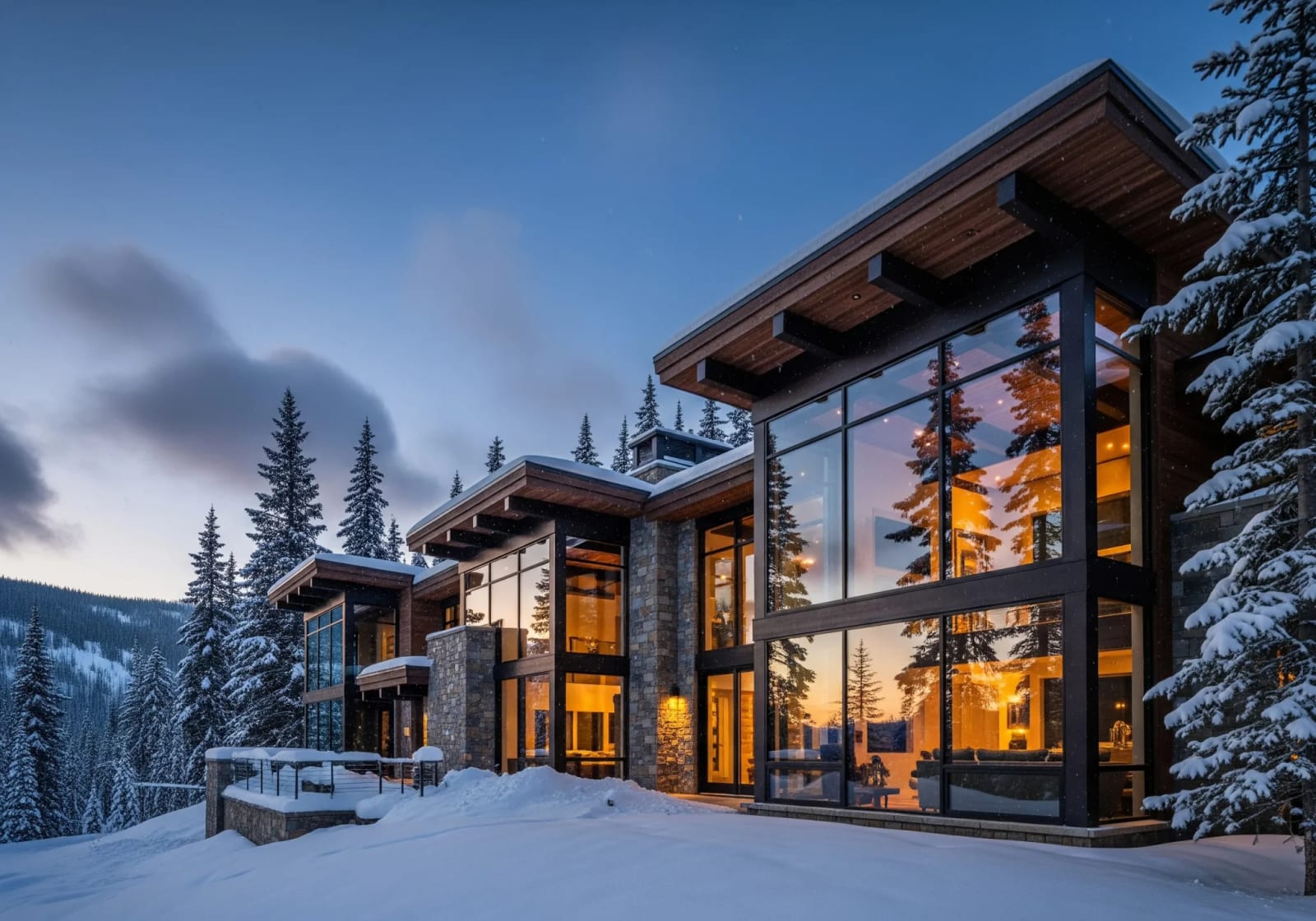 Custom chalet near Blue Mountain carrying deep winter snow load on a low-slope roof