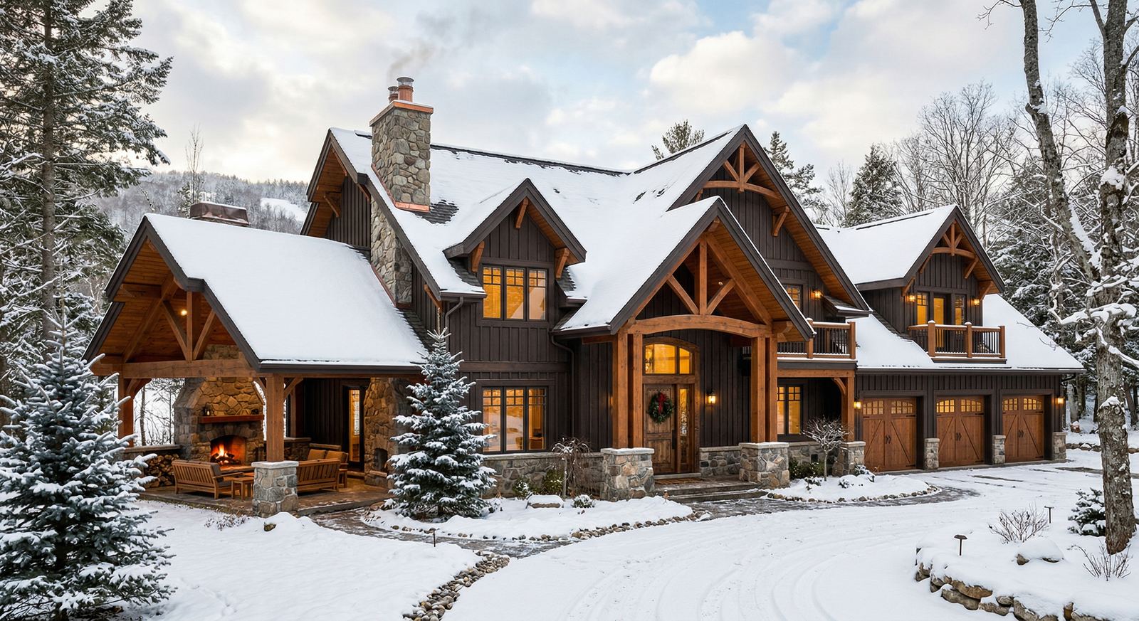 Timber-frame chalet near Blue Mountain carrying deep snow load on the roof, built by Mighton Construction for four-season use