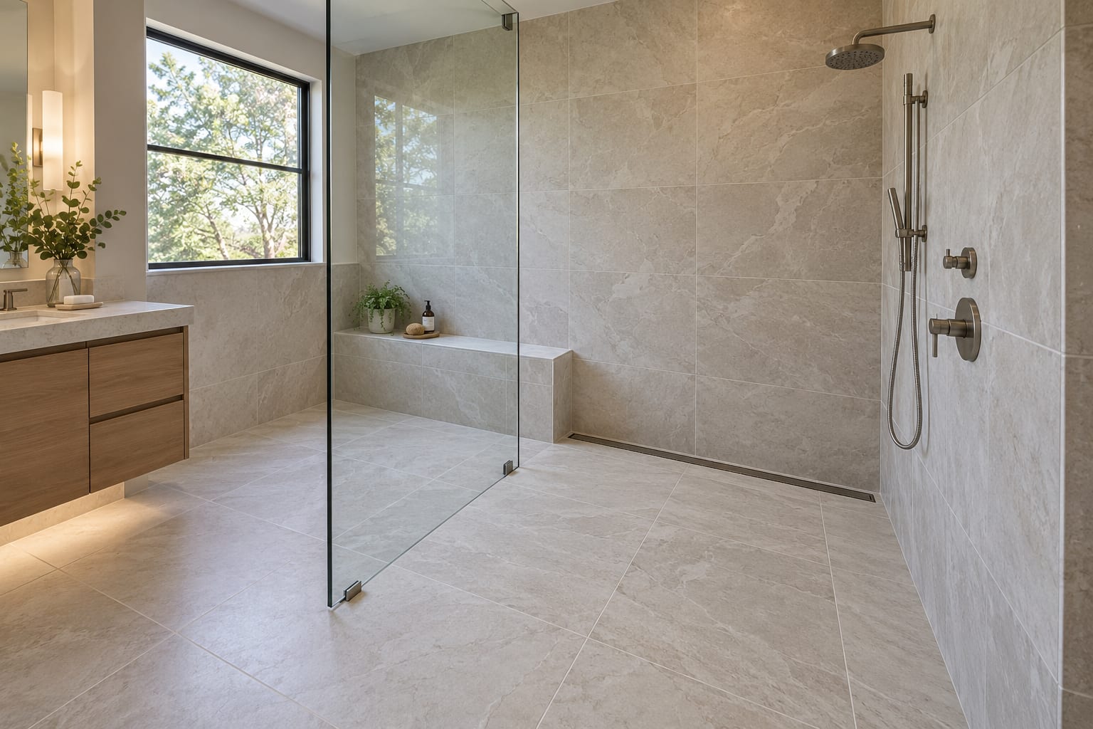 Curbless shower with flush entry and linear drain