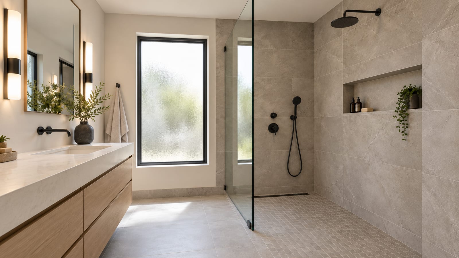 Bathroom with a custom tile walk-in shower and frameless glass