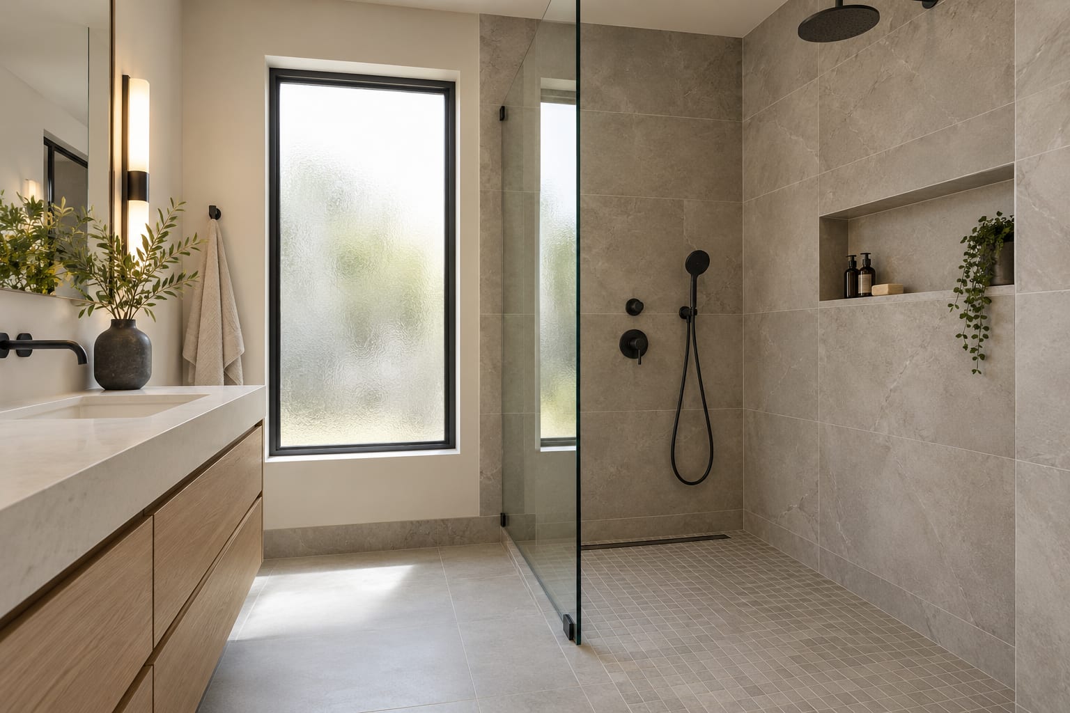 Custom tile walk-in shower with frameless glass and built-in niche
