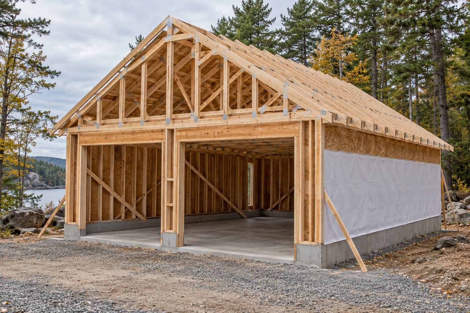 Detached garage under construction showing wall framing and roof trusses