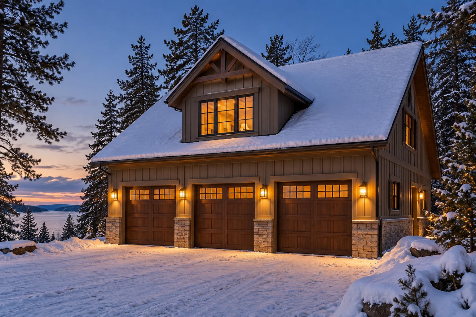 Detached garage with a finished dormer room above, in winter