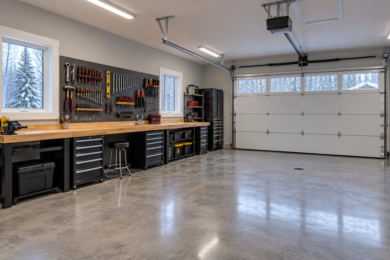 Insulated detached garage workshop interior with workbench and storage