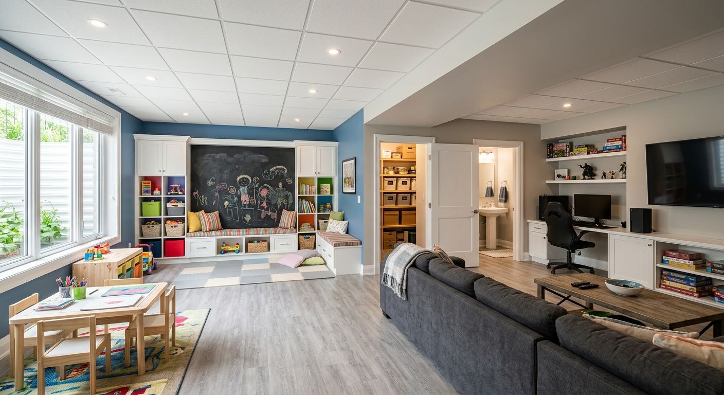 Bright daylight basement playroom by Mighton Construction in Wasaga Beach