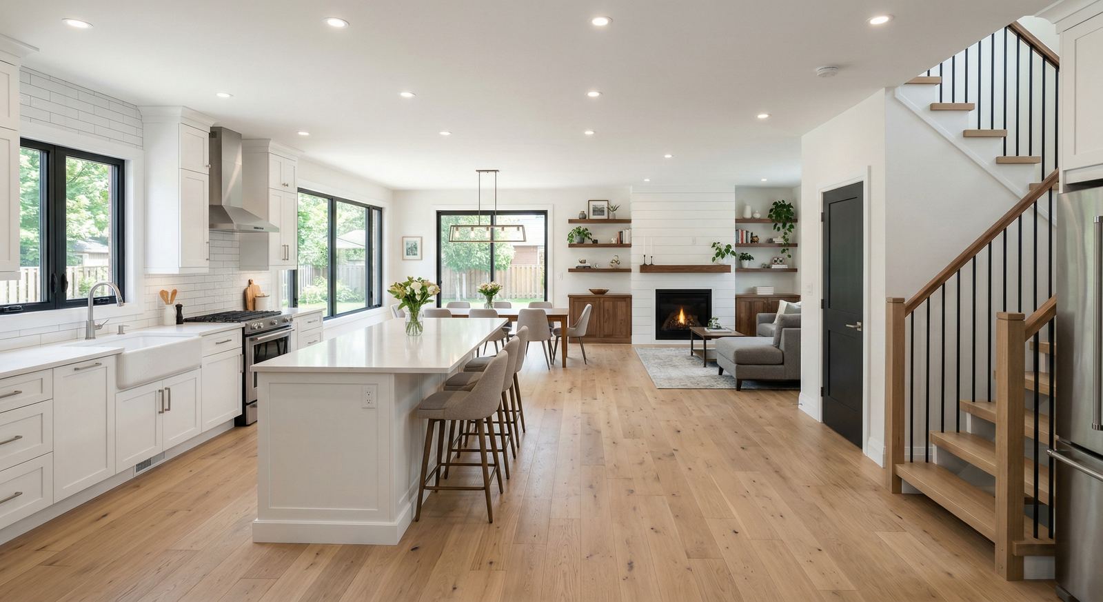 Open-concept kitchen flowing into the living space in a South Georgian Bay home