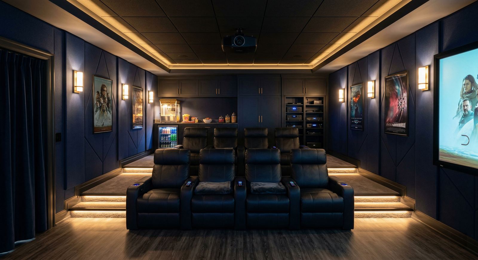 Basement home theatre with tiered seating by Mighton Construction