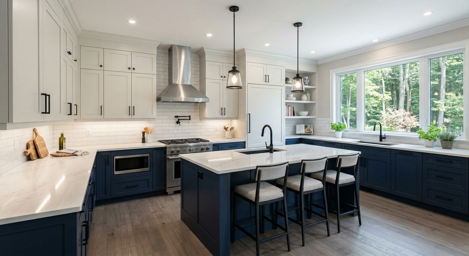 Two-tone navy and white shaker kitchen in a Wasaga Beach property