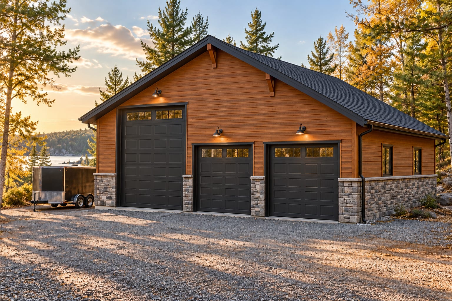 Three-bay detached garage with stone base and a taller door for trailers