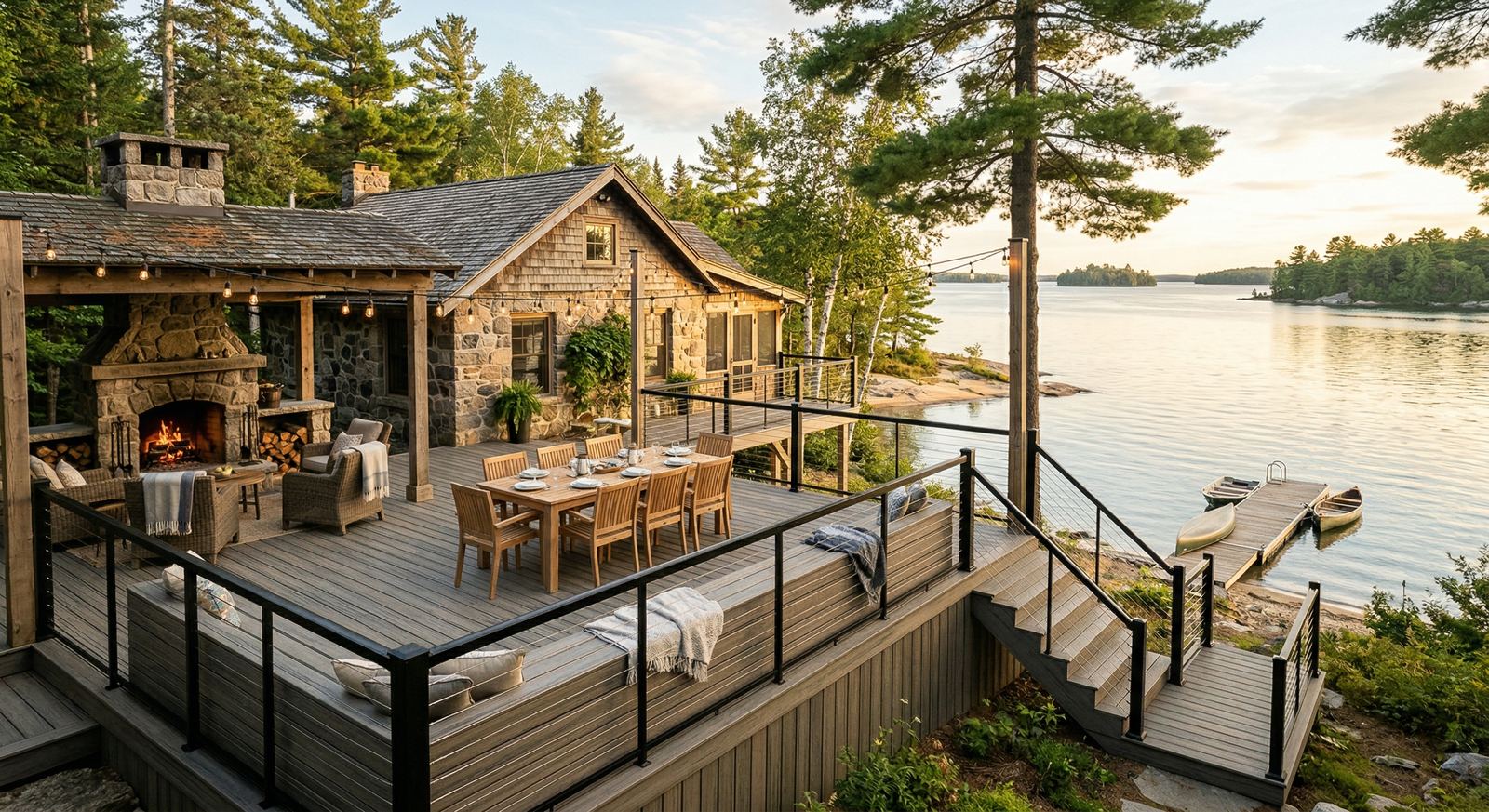 Lakefront cottage deck built for frost and snow loads in Tiny Township by Mighton Construction