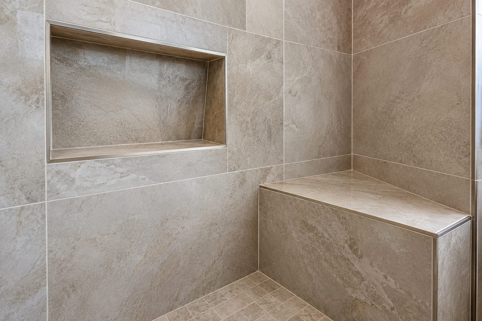 Close-up of tile shower niche and bench with clean grout lines