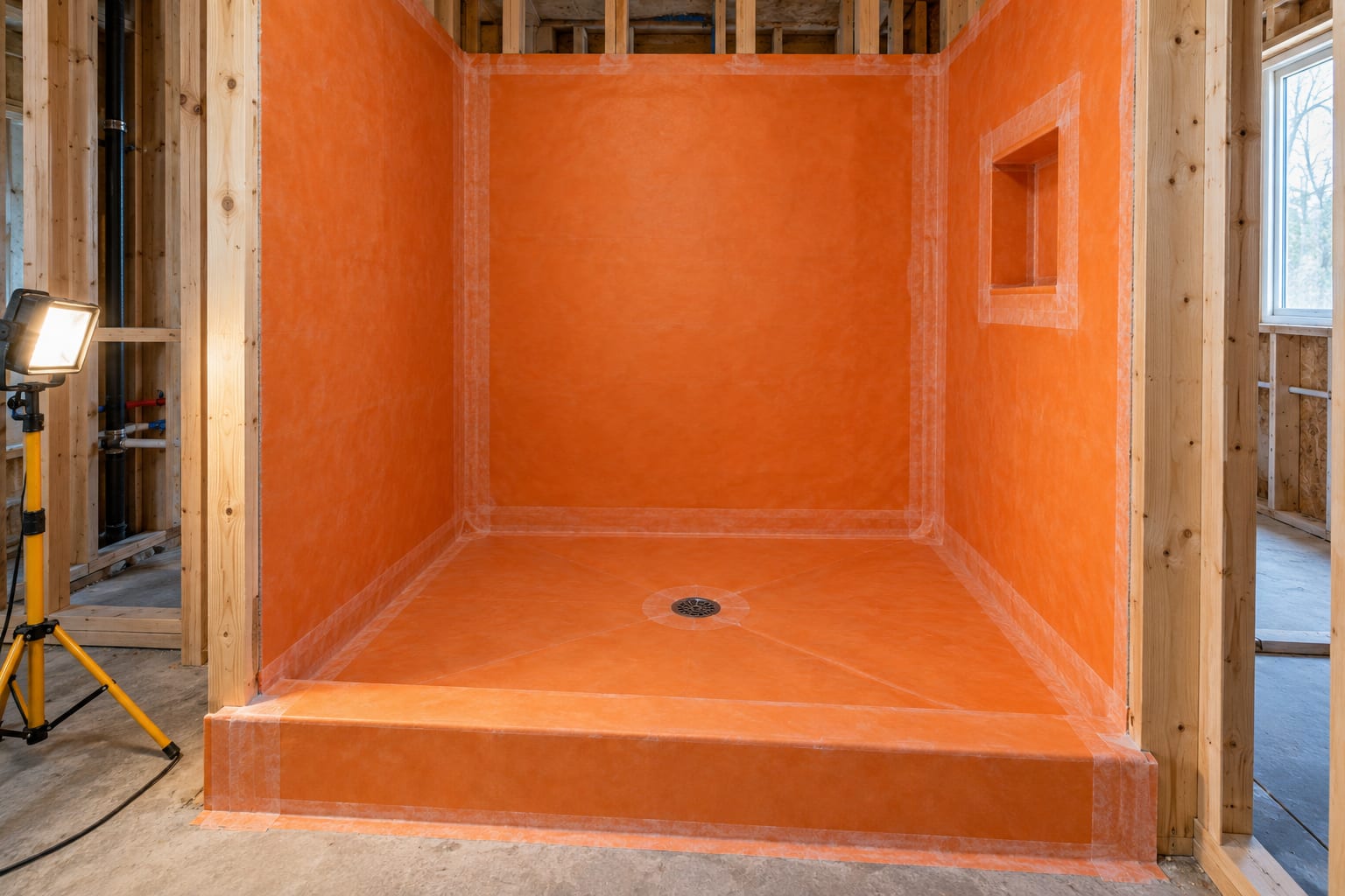 Shower enclosure with waterproof membrane installed before tile