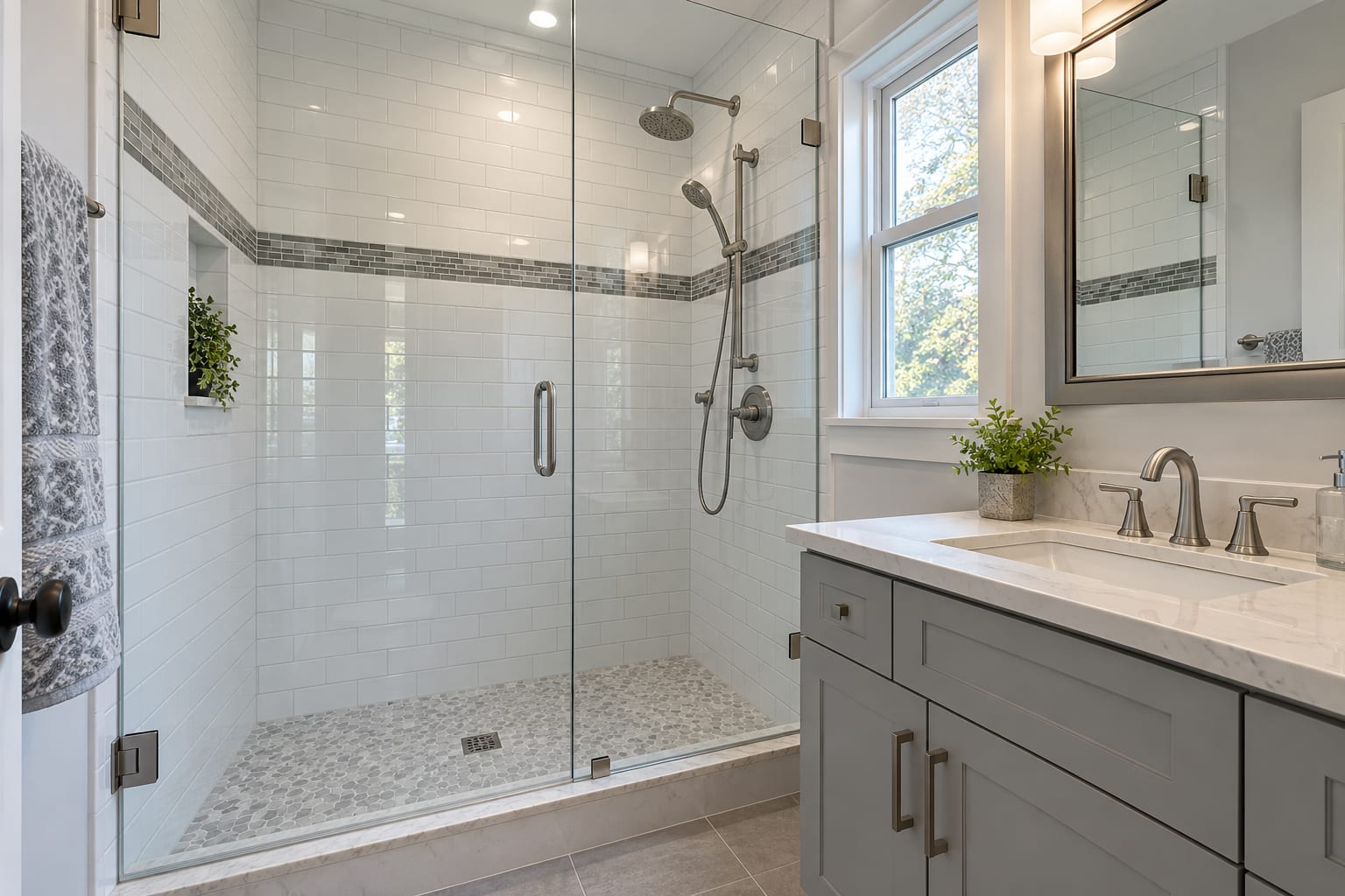 Bathroom where a tub was converted to a tiled walk-in shower