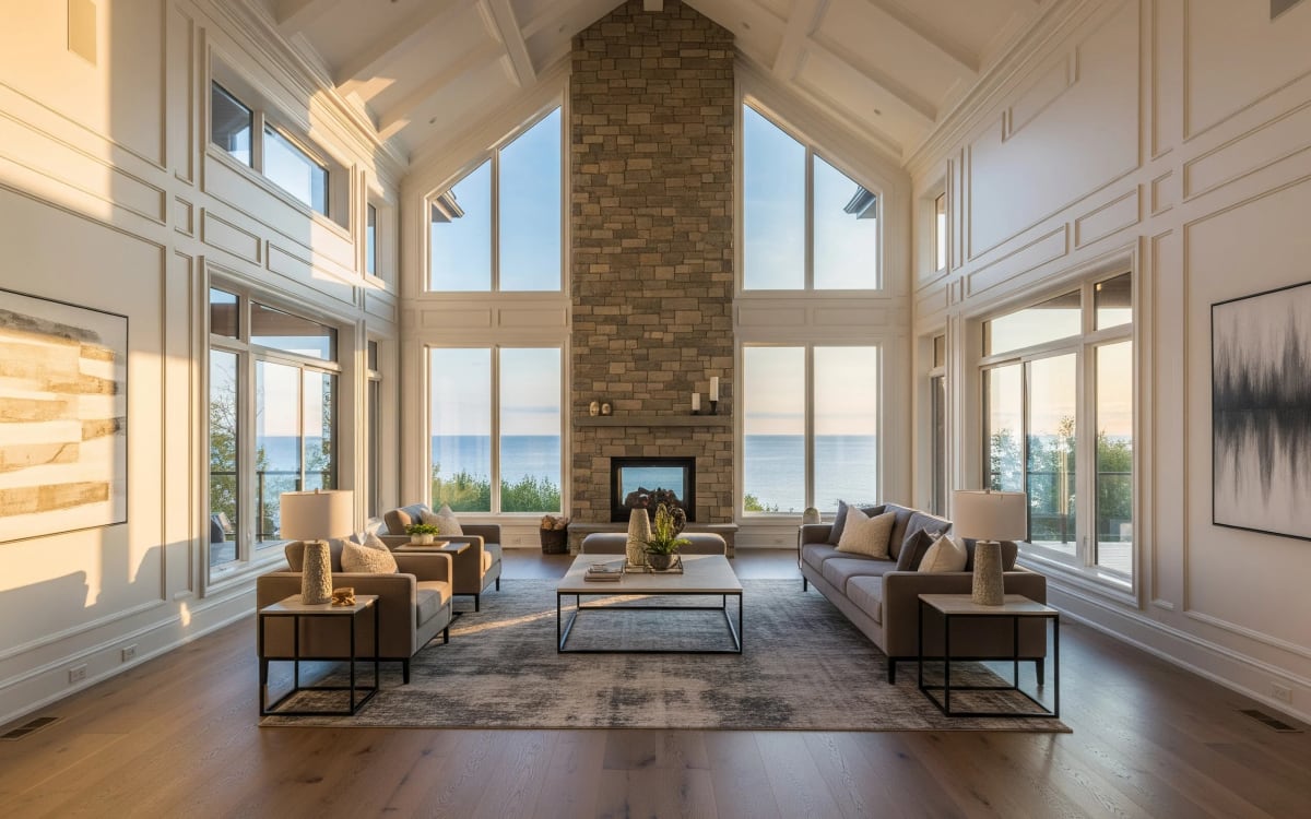 Custom home great room with timber detailing and large windows by Mighton Construction
