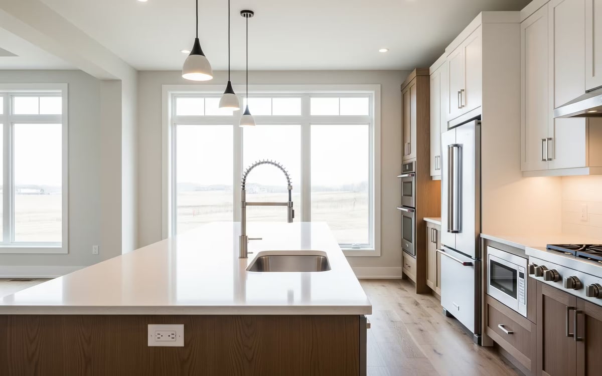Luxury custom kitchen with island and large windows
