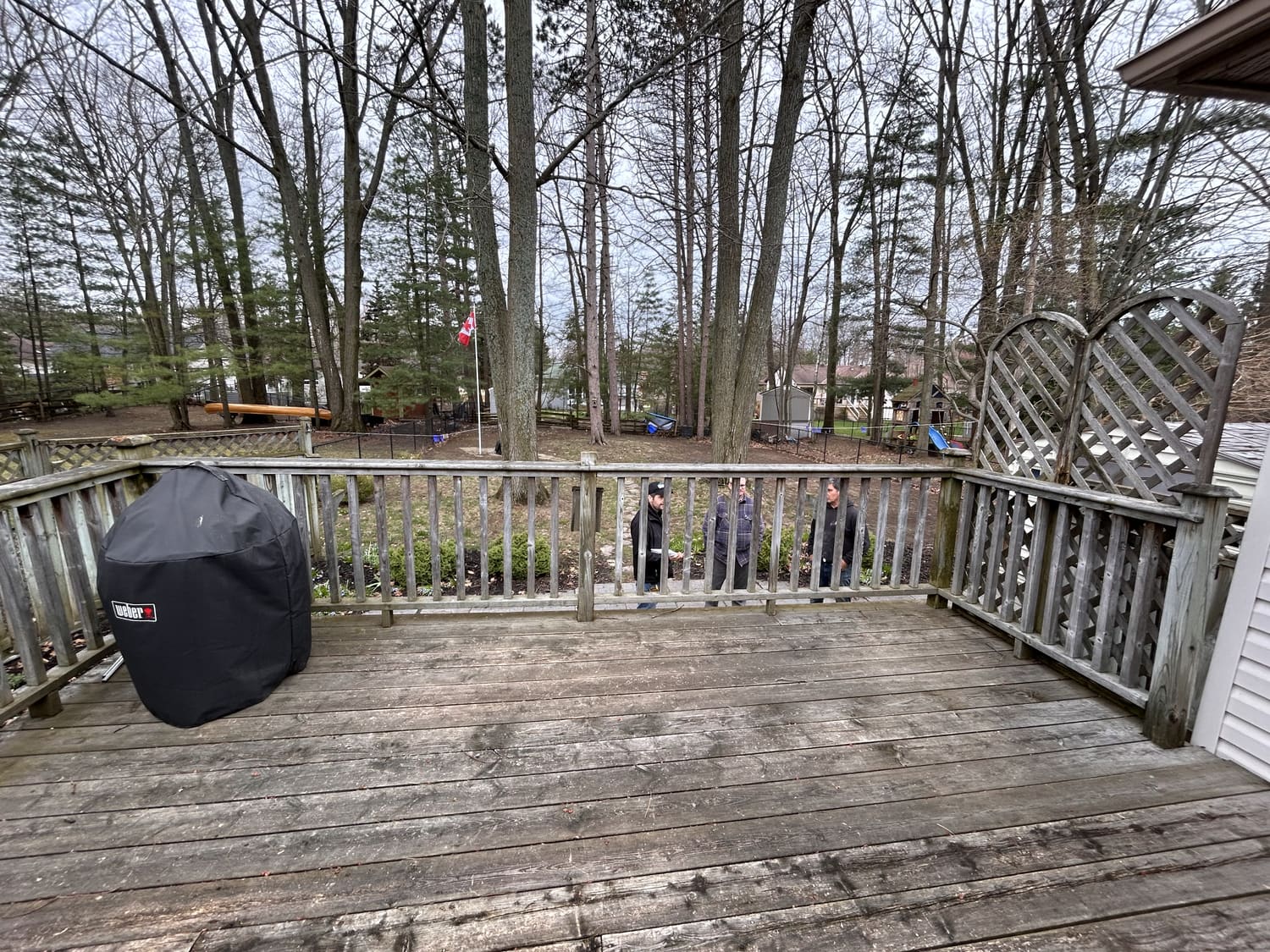 Weathered old deck surface and railing at 46 Timberland Cres, Wasaga Beach, before renovation