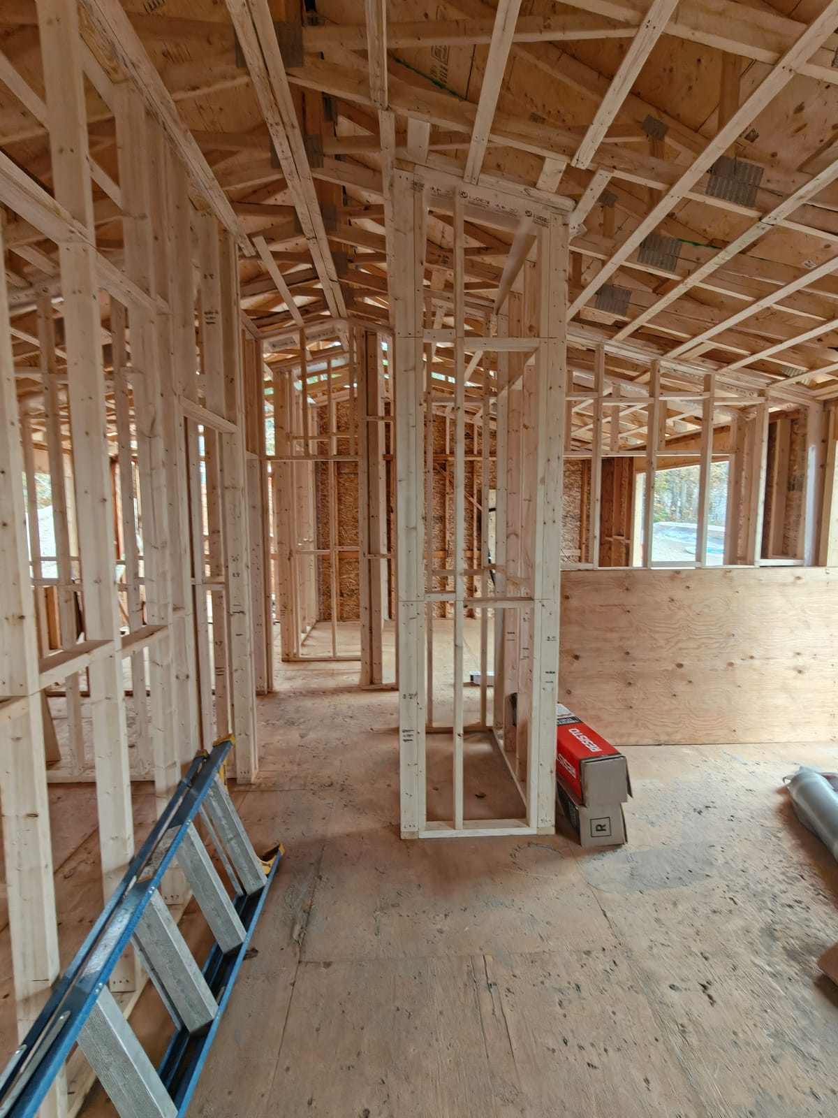 Hallway and room framing at the 768 Shore Lane waterfront cottage renovation in Wasaga Beach