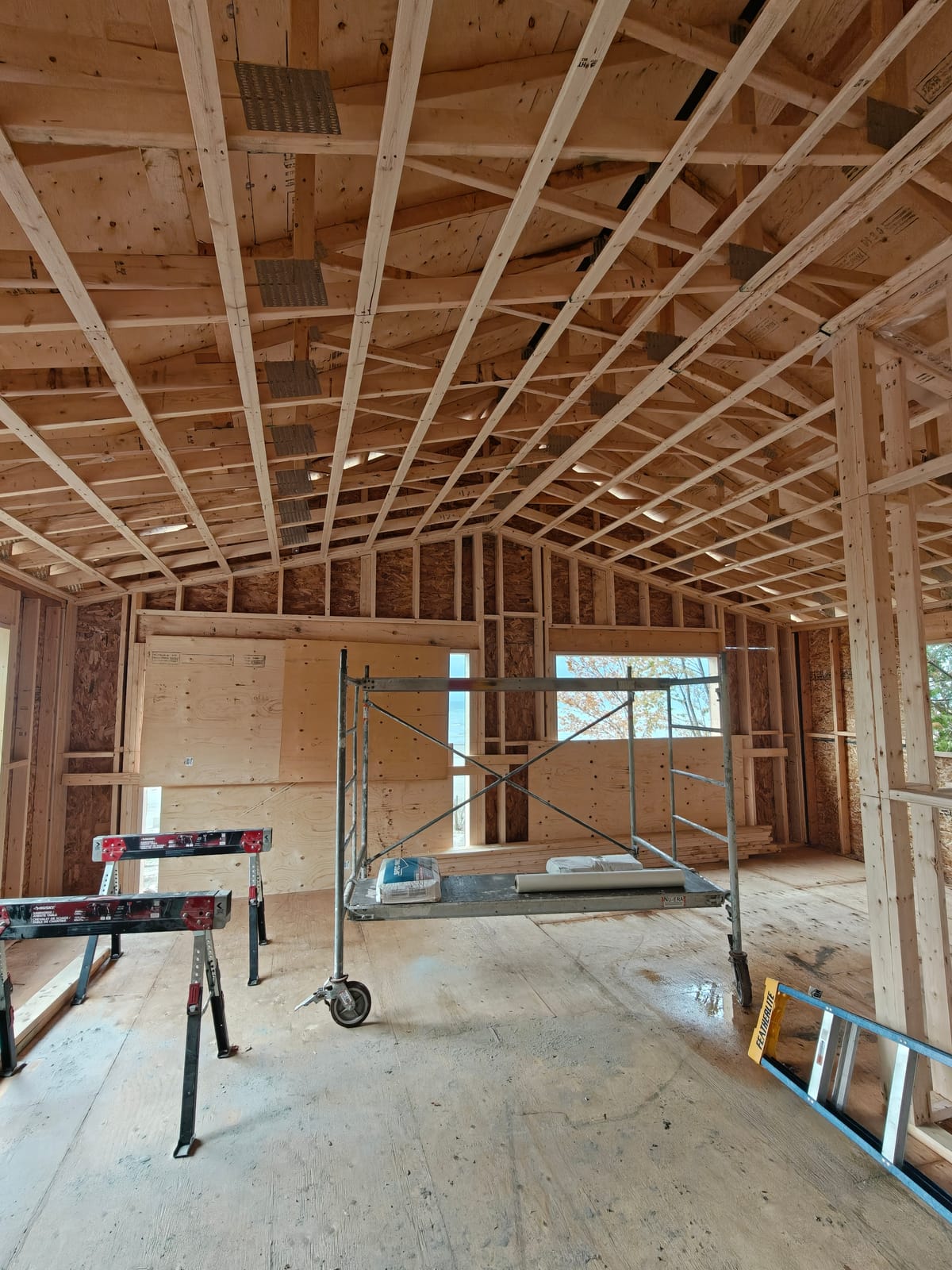 768 Shore Lane Wasaga Beach cottage renovation: new roof framing and wall framing over the main living space